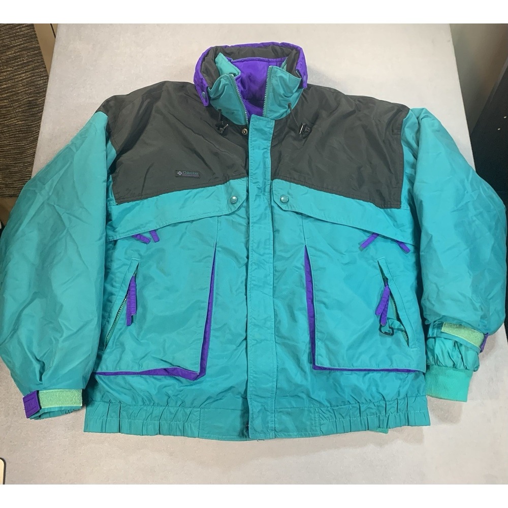 VTG 90s COLUMBIA 2 LAYER W/ ZIP OUT RADIAL SLEEVE JACKET SZ L TEAL PURPLE 3-in-1